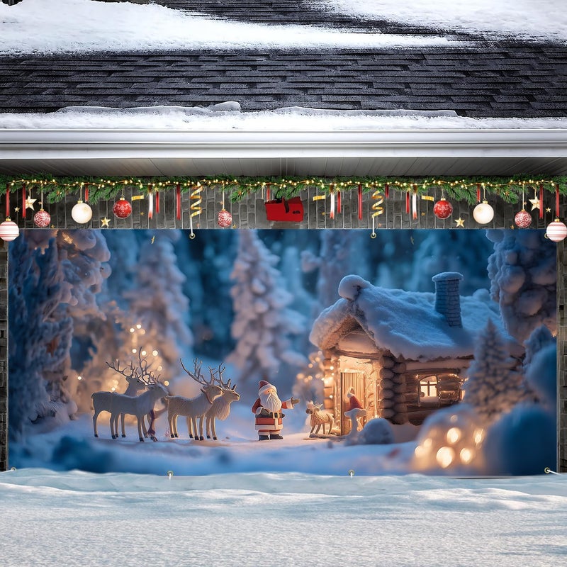 ANNA QUEEN Christmas Garage Door Banner 6×13 FT, Cozy Cabin with Santa & Reindeer, Winter Forest Holiday Scene, Outdoor Garage Decoration for Parties Home Decor - Image 2